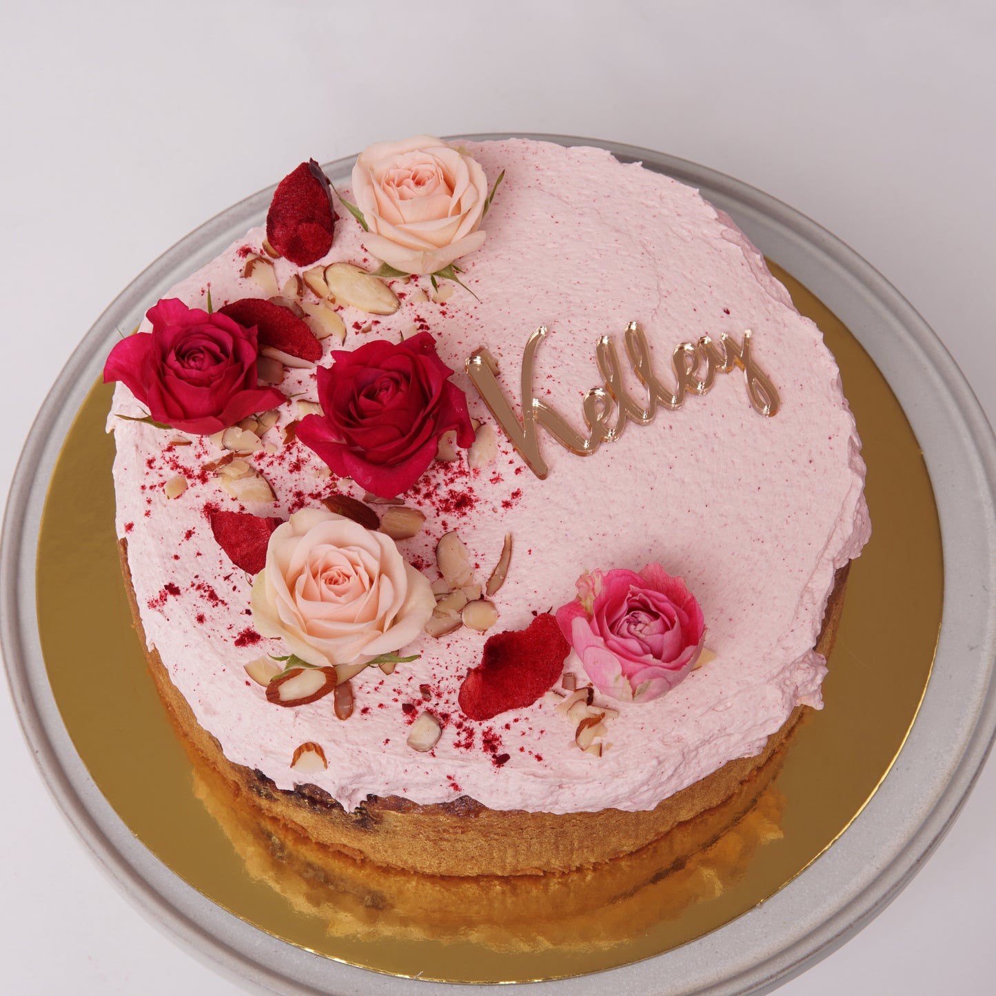 PLUM & ALMOND (GF) CAKE CUSTOM 8" CAKE TOP-BADGE GOLD MIRROR
