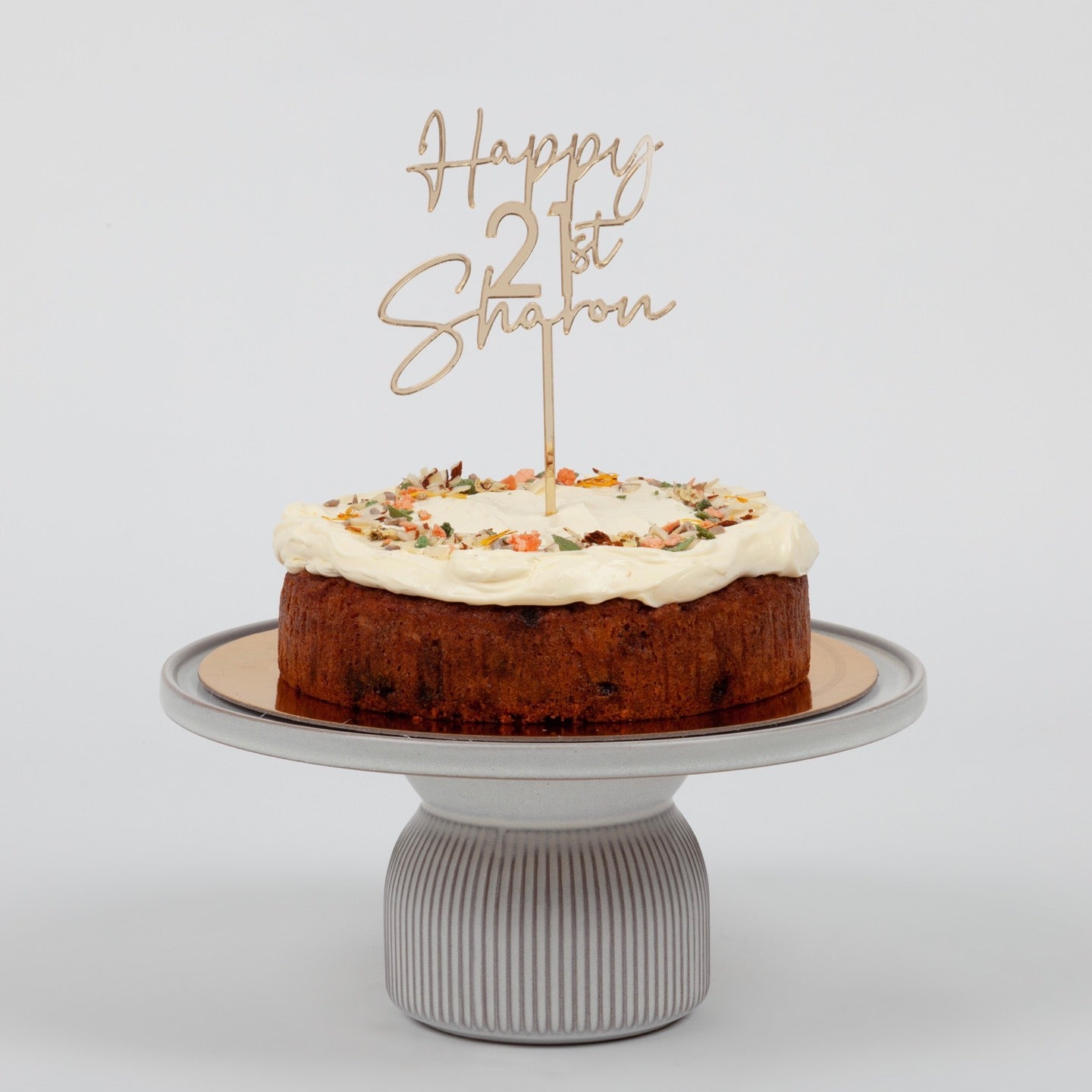CARROT CAKE GF FRONT WITH GOLD MIRROT CUSTOM CAKE TOPPER