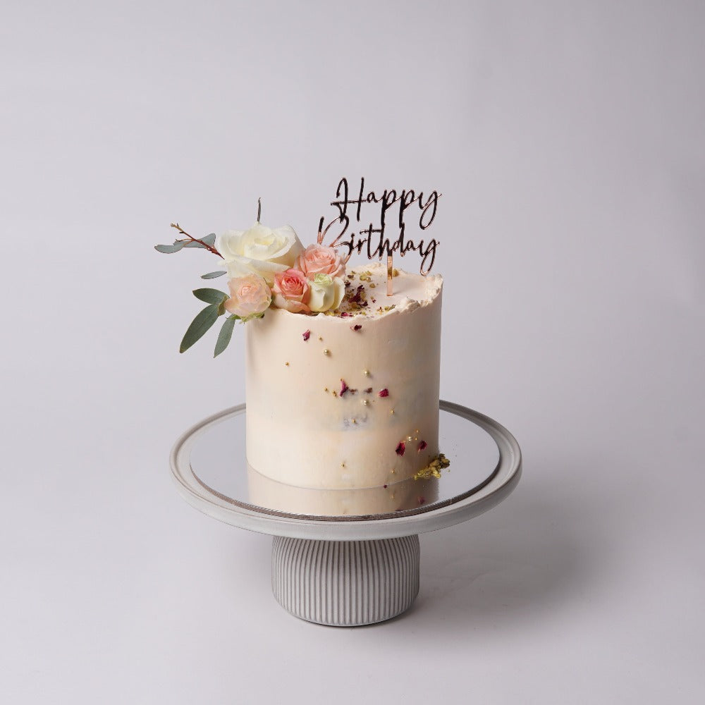 pistachio and rose cake 3-layer size with happy birthday rose gold mirror cake topper