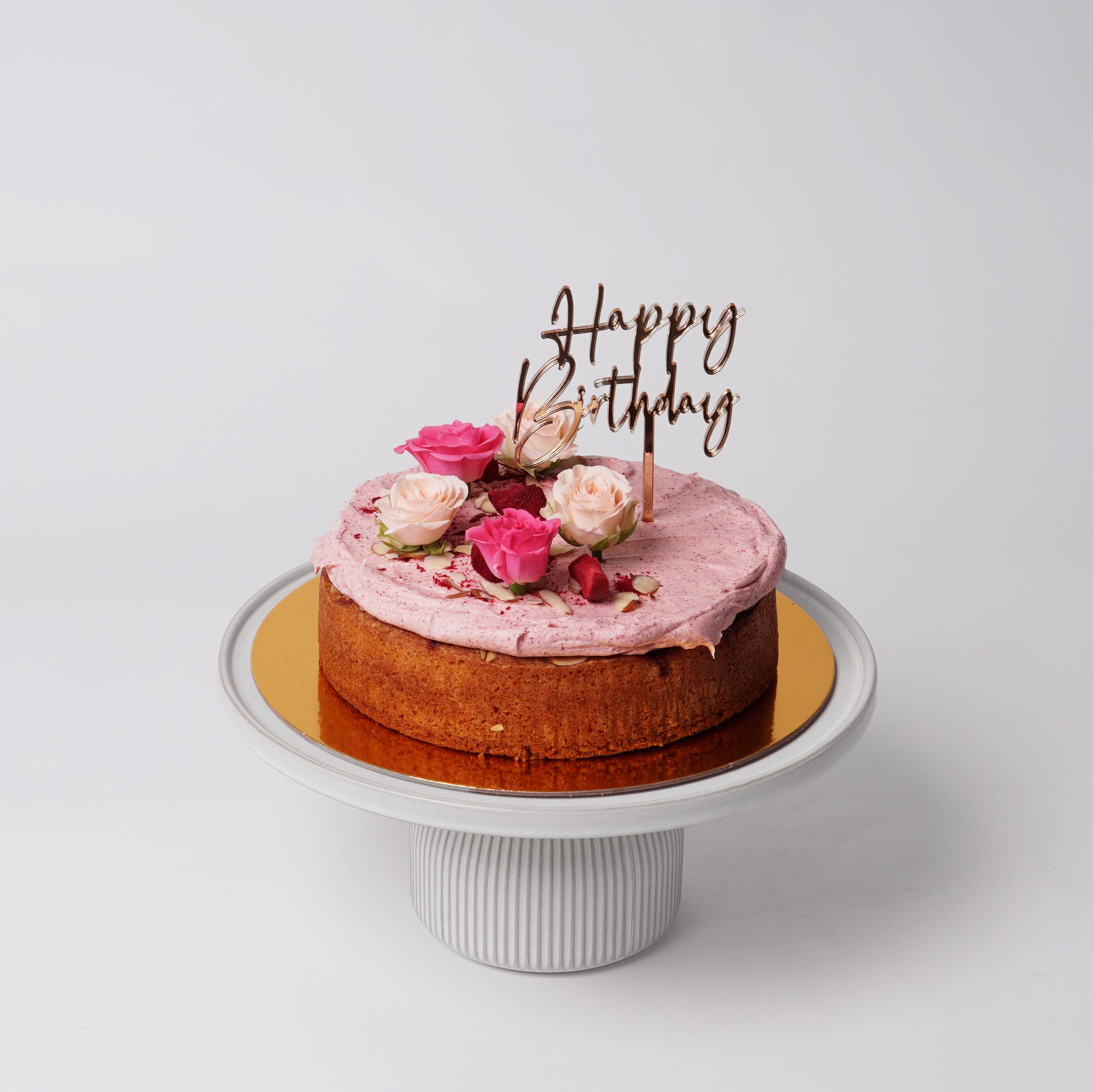 PLUM & ALMOND (GF) CAKE WITH HAPPY BIRTHDAY GOLD MIRROR CAKE TOPPER